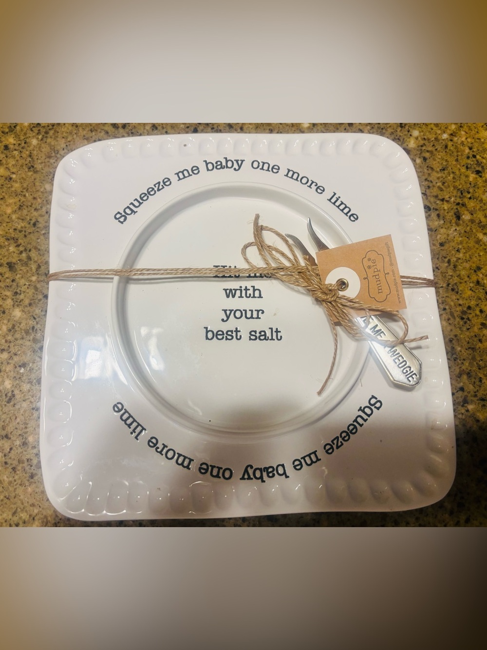 Mud Pie White Ceramic Serving Platter with Blue Lettering